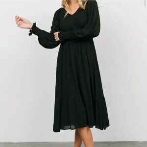 Baltic Born Black Midi Dress with Long Puff Sleeves